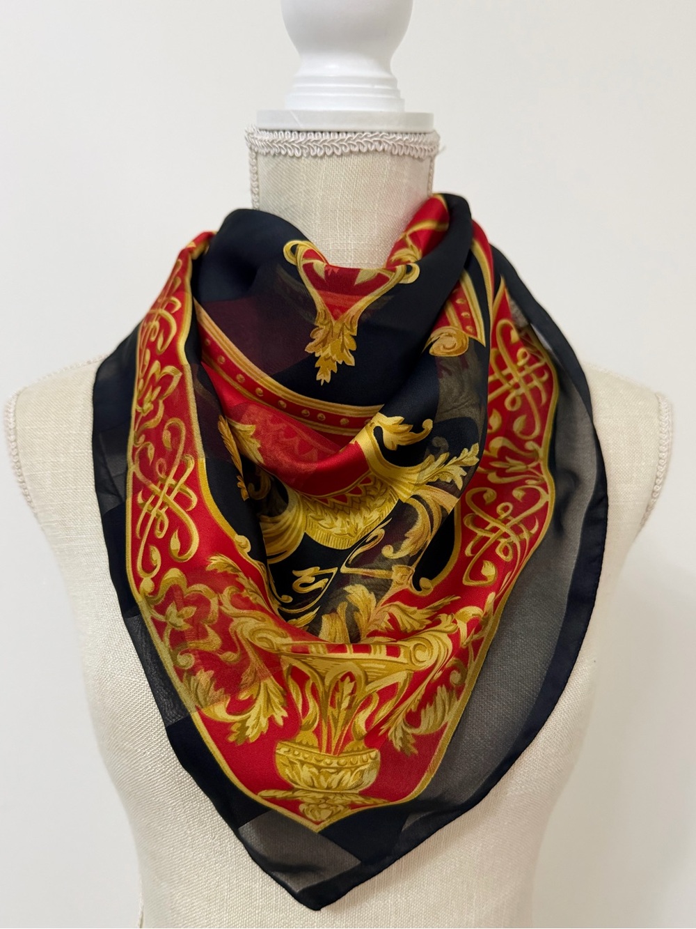 Vintage Italian Baroque Scarf Red Black Gold Medallion Print Made in Italy